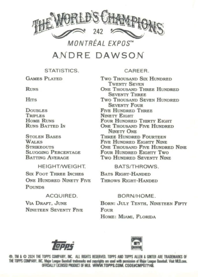 2024 Topps Allen & Ginter X #242 Andre Dawson Washington Nationals - Image 2 of 2