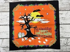 VTG Happy Halloween Graveyard Spooky Tree Bats Bandana Handkerchief Made In USA