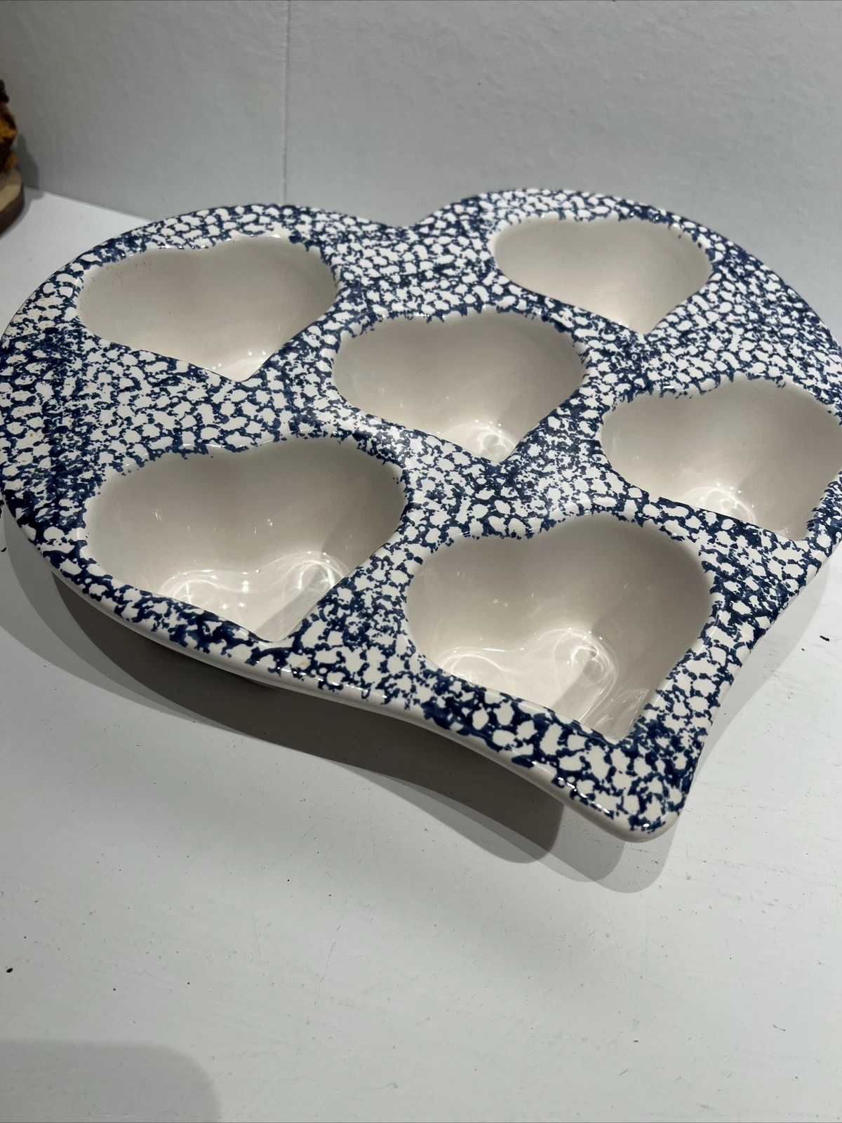 Heart Shaped Stoneware Muffin Cupcake Baking Pan Pottery Blue Spongeware