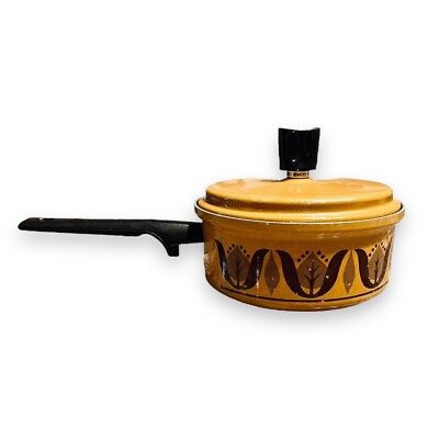 Ekco Eterna Mustard Brown Pan with Lid 7in Diameter Enamel Retro 70 s Vintage