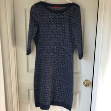 Carolina Herrera Navy Blue Geometric Knit Sheath Dress Elegant 3/4 Sleeve Size L