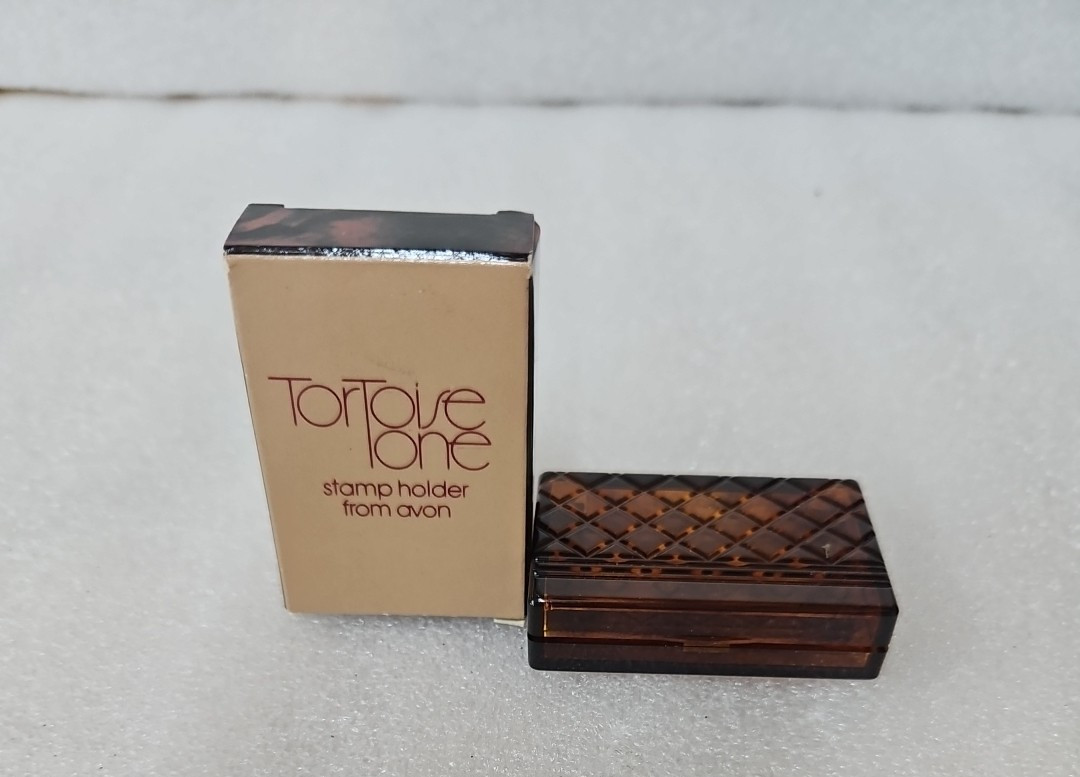 Vintage Avon Stamp Holder Tortoise Tone Stocking Stuffer