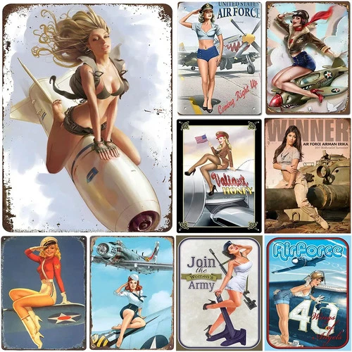 Military PinUp Girl Vintage Sexy Army Lady Tin Metal Signs Home Décor 8x12
