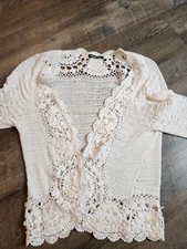 Michael Simon Boho Cottage Cardigan Sweater M Crochet Knit Beads 