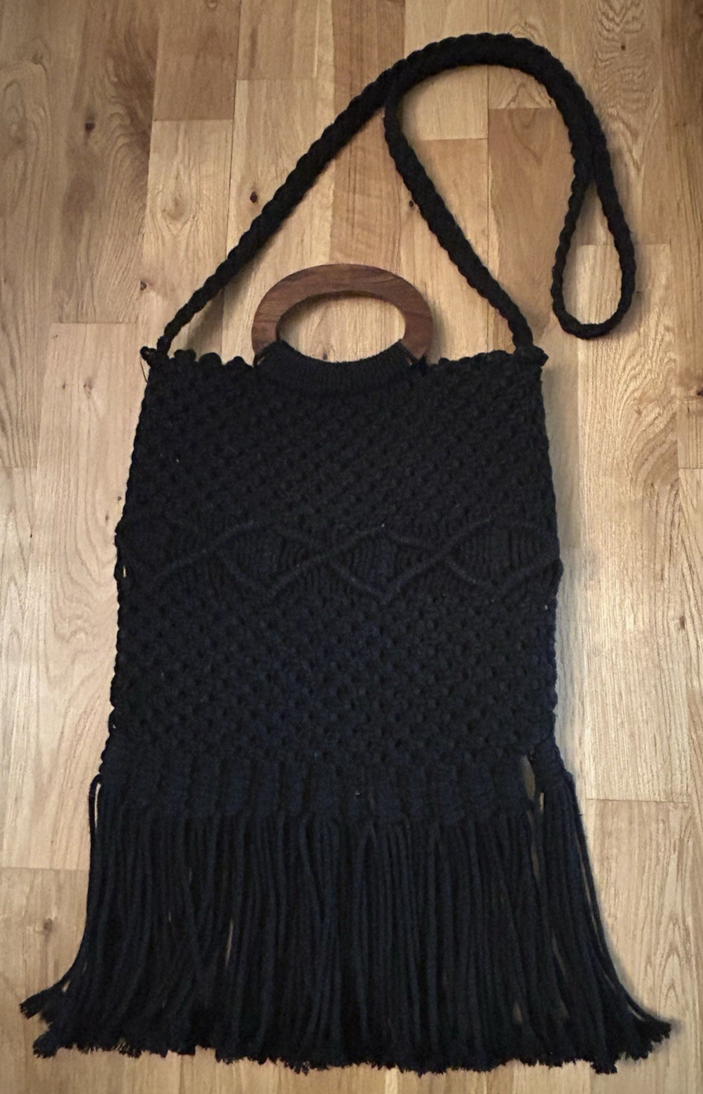 Danielle Nicole Macrame Crochet Black Bag With Wo… - image 1