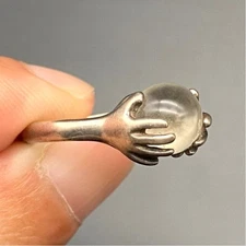Vintage Modernist Hand Holding Orb Surrealist Silver Ring Size 5.5