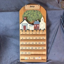 Handmade Wooden Perpetual Calendar Wall Hanging Village 23” Vintage Cottagecore