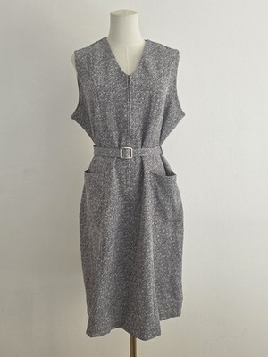 Damart Vintage Etuikleid Grau Meliert Midi Kleid  Gürtel Reißverschluss Gr. M-L