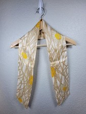 Vintage Ivory Yellow Daisy Floral Scarf Tan Abstract Line Print Oblong Neck...