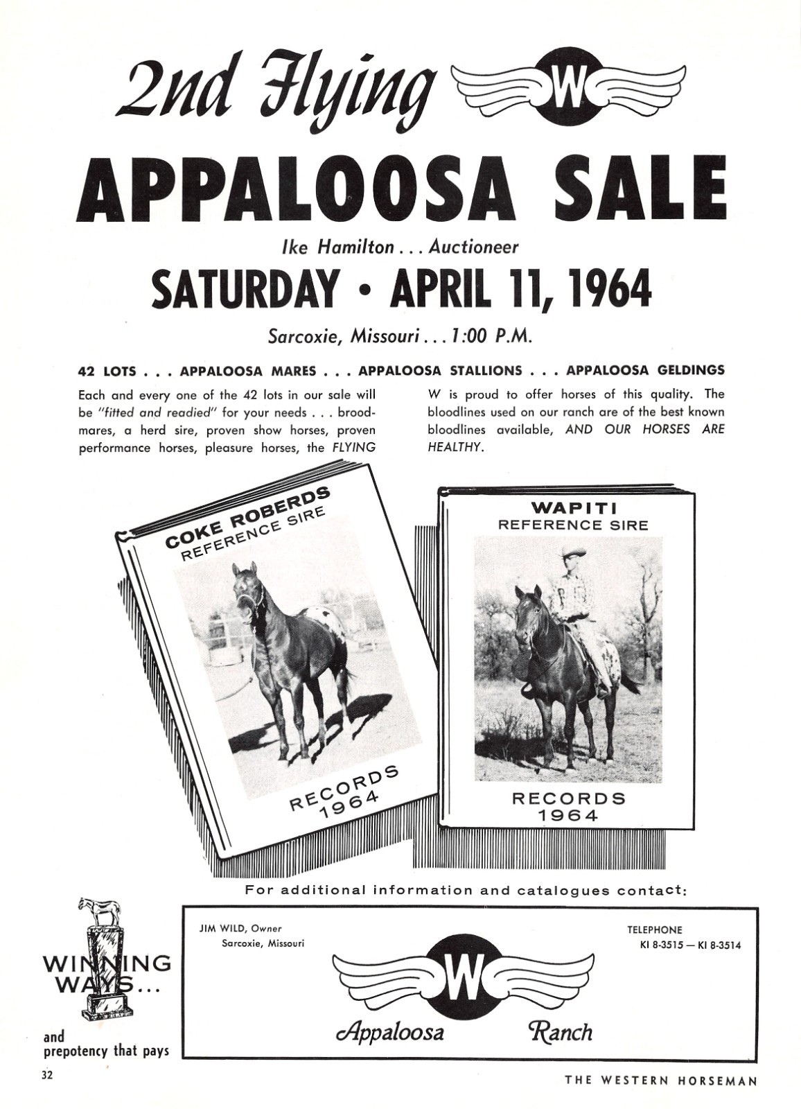 Flying W Appaloosa Ranch Sale Wapiti Jim Wild Sarcoxie Missouri Vtg Mag Print Ad