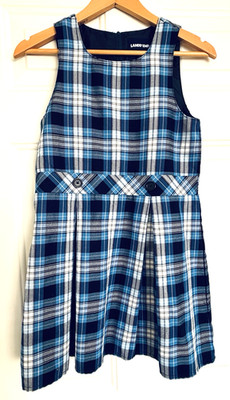 Lands' End Girls 10 School Uniform Top of Knee Jumper Dress Clear Blue Plaid