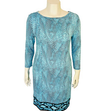 Carmen Marc Valvo Shift Dress Womens L Animal Print Turquoise White Midi