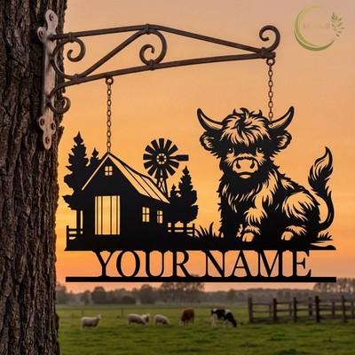 Personalized Highland Cow Metal Sign Custom Farm Farmhouse Yard Decor Gift