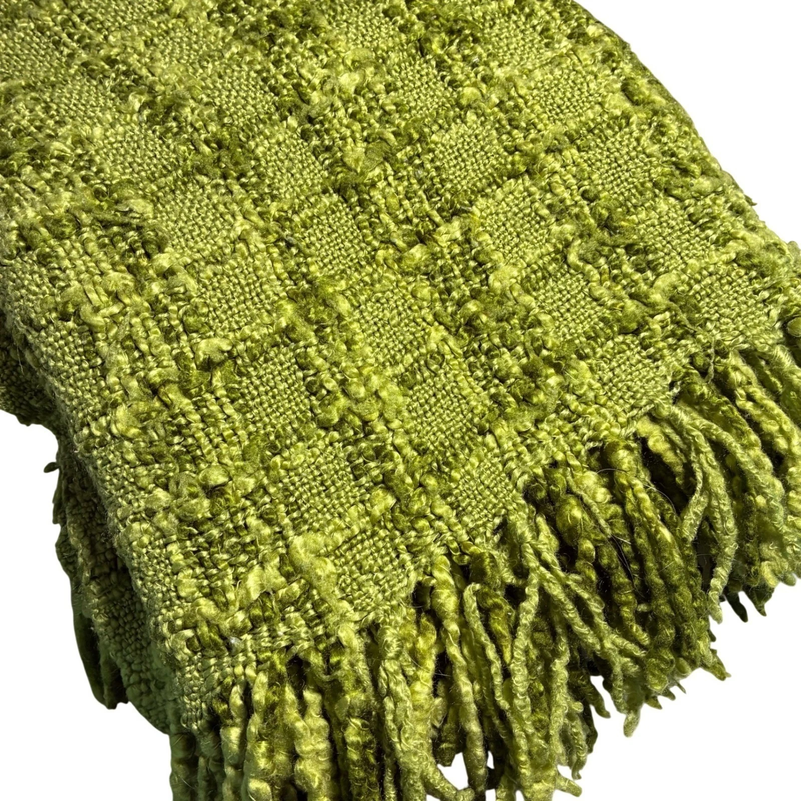 Green Textured Woven Boucle 48"x61" Fringe Trim Boho Moss Green Throw Blanket