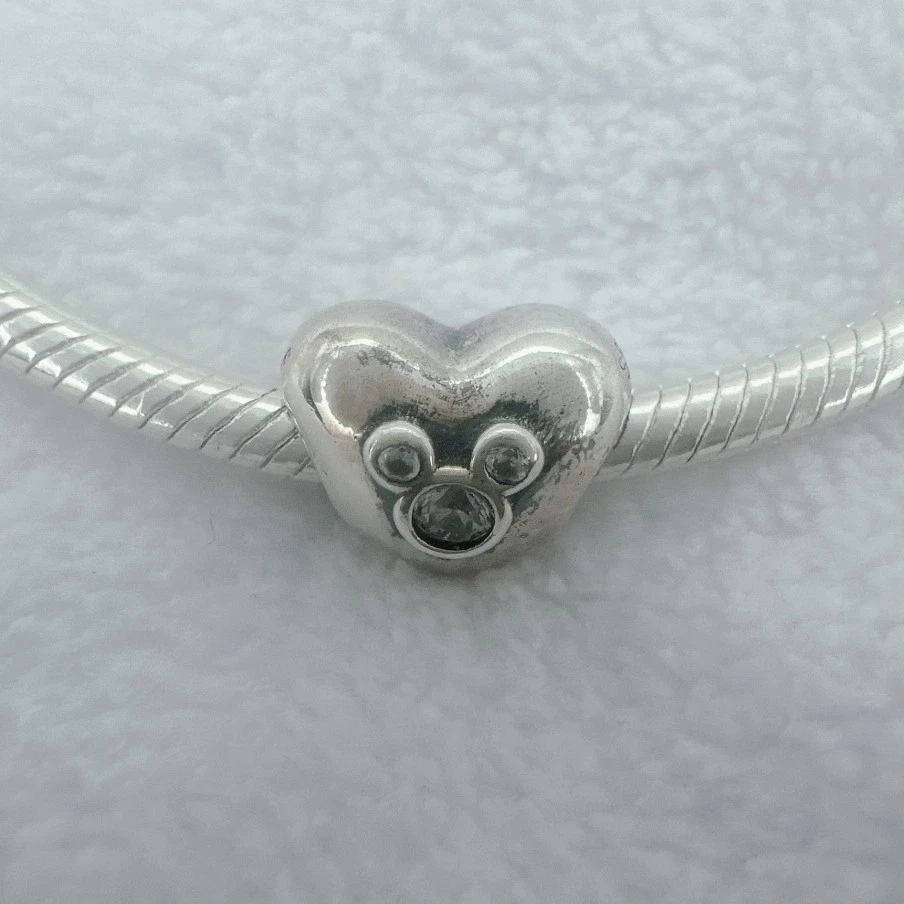 1x S925 Plata Ratón Silueta Circonita cúbica Corazón Dije Cuentas, para Pulsera Cadena Serpiente Foto 4 de 4