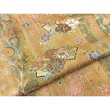 Heiwaya Kimono Pure Silk Gold Paper Flower Pattern Used Japan