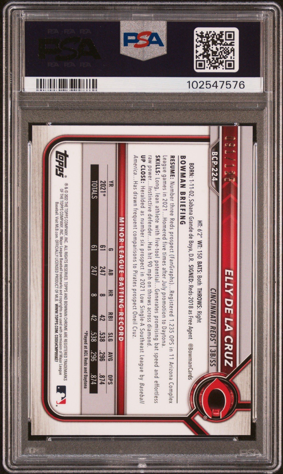 2022 Bowman Chrome - Prospects Elly De La Cruz Aqua Refractor /125 (RC) PSA 9 view 2