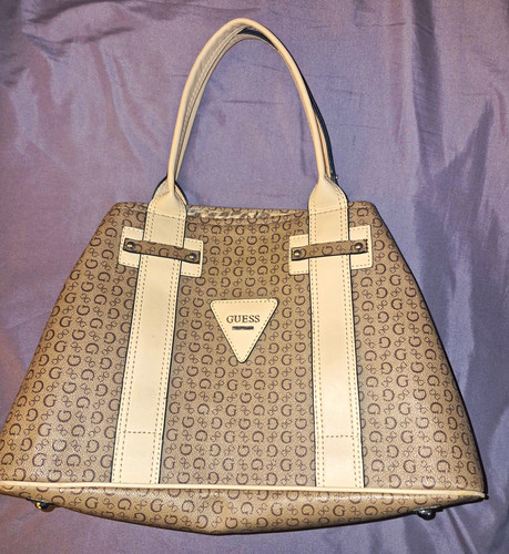 GUESS Beige Logo Monogram Satchel Top Handle Bag White Straps Silver Hardware