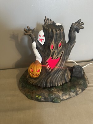 Vintage Halloween Handpainted Ceramic Lighted Lamp Haunted Tree And Ghost