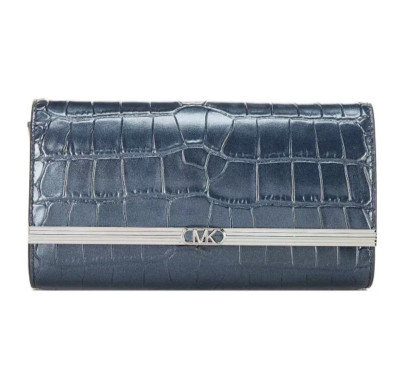 $258  Michael Kors Croco Embossed Silver Hardware Mona Large E/W Clutch, Navy