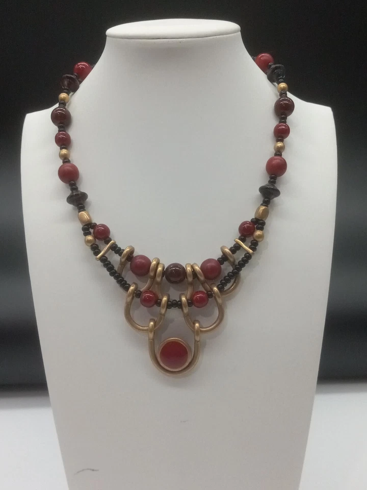 Chico's Brass Tone Black And Red Berries Beaded And Enamel Statement Necklace - Image 2 of 4