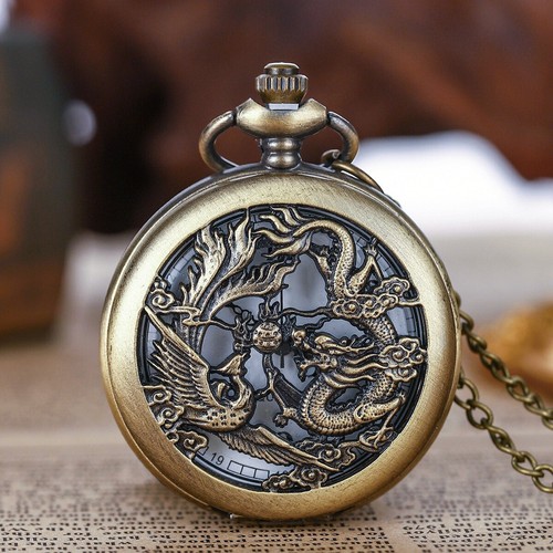 Vintage Pocket Watch Dragon Pattern Quartz Pocket Watch with Chain Analog Watch - Picture 4 of 6