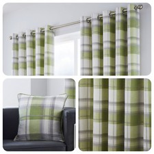 Fusion BALMORAL CHECK Green Tartan 100% Cotton Eyelet Curtains / Cushions