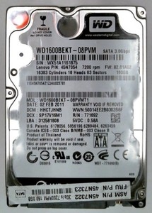 160 GB SATA Western Digital Scorpio Black WD1600BEKT-08PVMT1 7.2K 2.5" Festplate