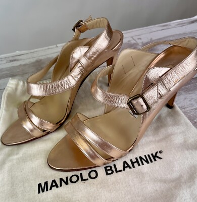 Designer Vintage Manolo Blahnik Shoes Rose Gold High Heel Metallic Pumps  Size