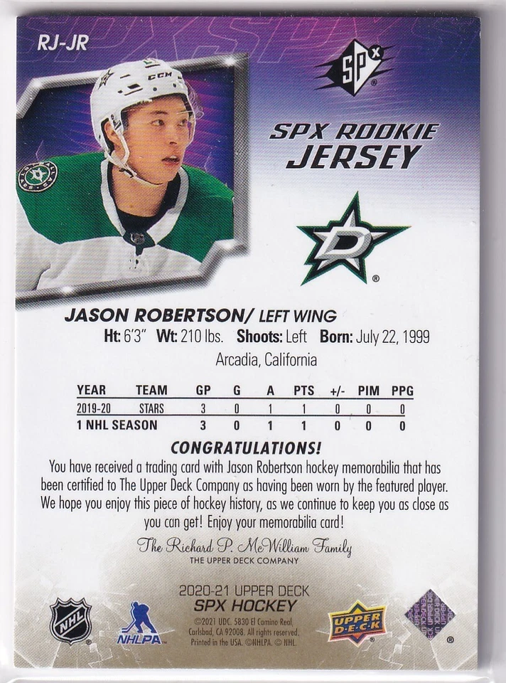 2020-21 SPX Hockey Jason Robertson Rookie Jersey #48/99 - Image 2 of 2