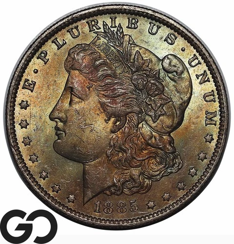 1885-O Morgan Silver Dollar Coin, End of Roll Toner, Choice Gem BU++