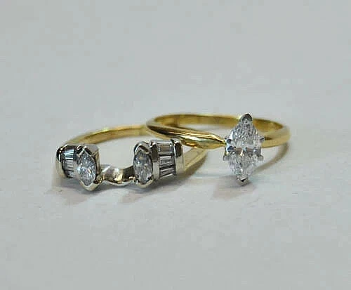 Art Deco Vintage Marquise Lab Created Diamond Wedding 14K Gold Finish Ring Set