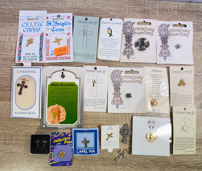 Job Lot 20 Vintage Cross Lapel Pins Brooches Pendants Celtic Christian Religious