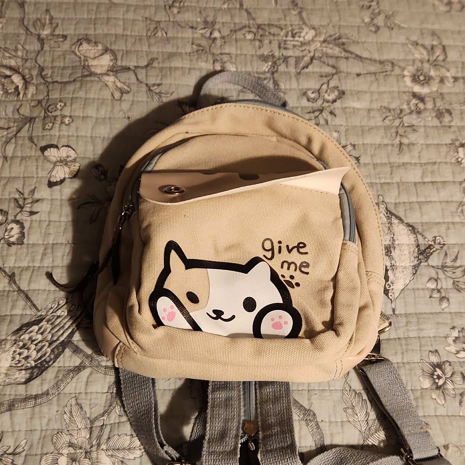 Canvas Cat Animal Print Small Beige Kids Backpack Adjustable Strap Zipper