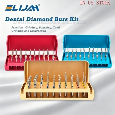 IN US-30Pcs Dental Diamond Burs Drill+Disinfection Bur Block HighSpeed Handpiece