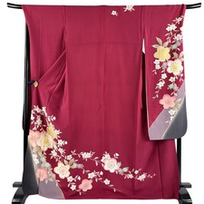 JAPANESE KIMONO FURISODE Enji color 168.5cm 5 ft 6 in PURE SILK AA8962