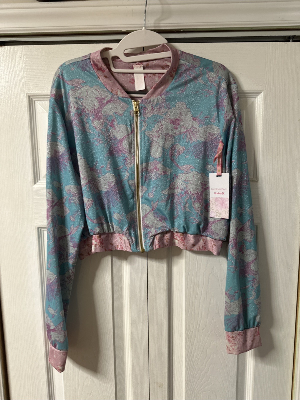 Hurley x LoveShackFancy Bomber Jacket XL Mermaidcore Shimmer Cropped NWT Org $85 image 2