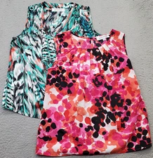Lot of 2 Kasper Tank Top Women Petite Medium Multi Printed Pleated Neck Pullover