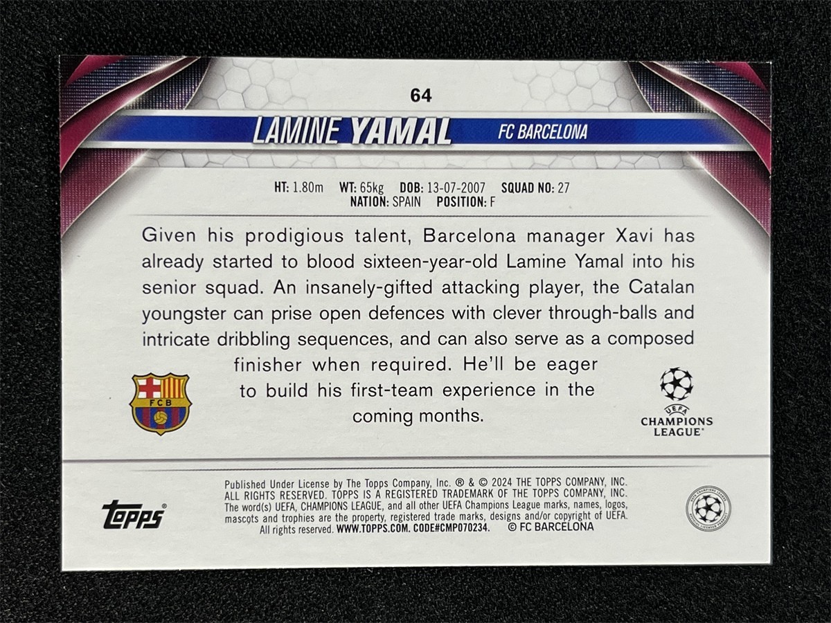 2023-24 Topps Jade UEFA Lamine Yamal #64 Pink Refractor RC Rookie FC Barcelona view 2