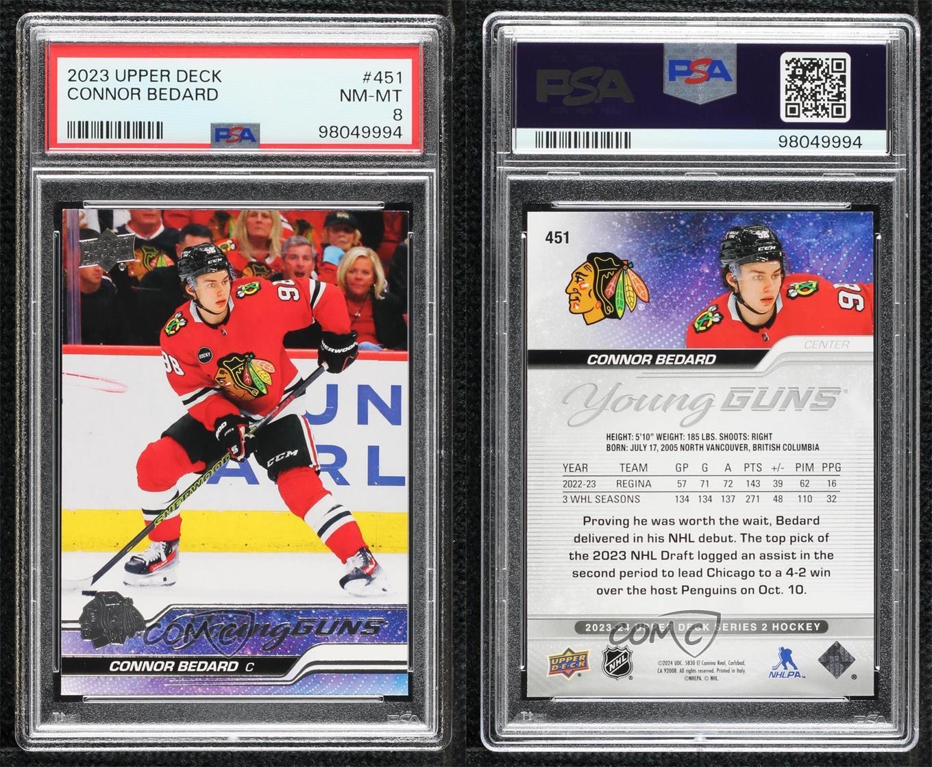 2023-24 Upper Deck Series 2 Young Guns Connor Bedard #451 PSA 8 Rookie RC 01g1 view 3