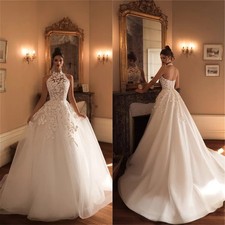 Halter Neck Button Wedding Dresses Decal High Waist Backless Train Bridal Gowns