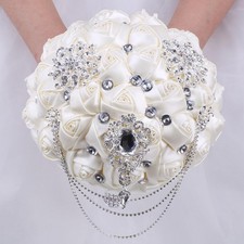 Ivory Bridal Wedding Bouquet with Bling Brooch Rhinestone String Cascading Sa...