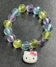 Vintage Hello Kitty Purple Blue Yellow Faceted Lucite Beaded Stretch Bracelet