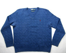 Vtg Polo Ralph Lauren Mens L Sweater Blue 100 Tussan Silk V Neck Cable Knit