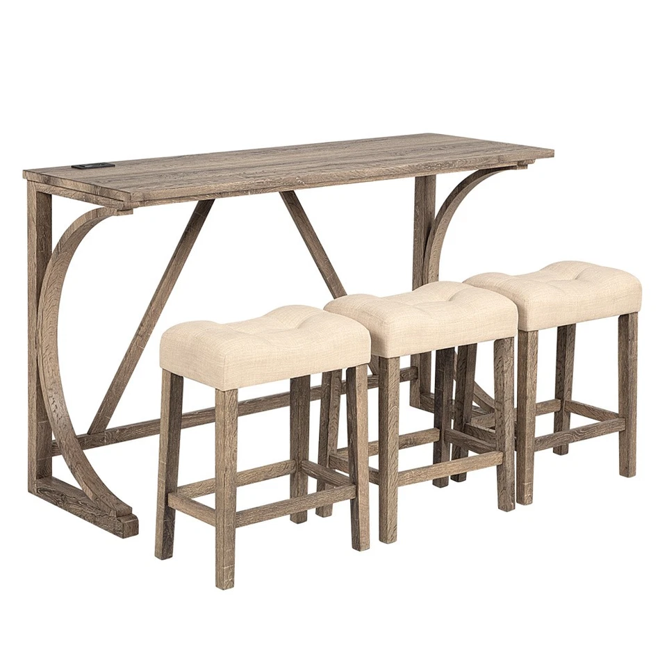 4 Piece Bar Table Set With Power Outlet C-shaped table and 3 upholstered chairs - Image 3 of 4