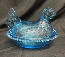 Vintage Hen On Nest Blue Glass 5” Tall, 7” Wide - Excellent Condition