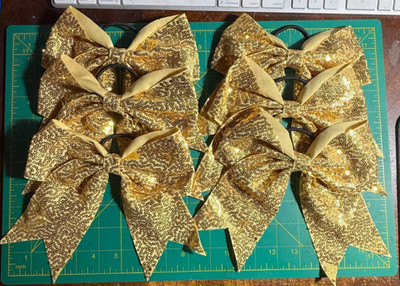 6pc Gold Sequin Bow Hair Tie Elastic Pony Tail Holder Dance Cheer