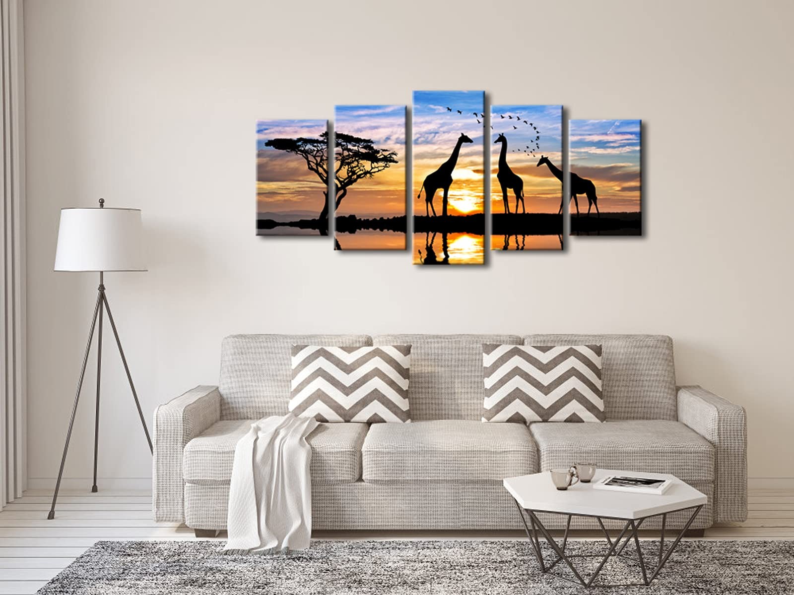5 Piece Modern Stretched African Landscape Canvas Prints Animals Sunset Artwo...