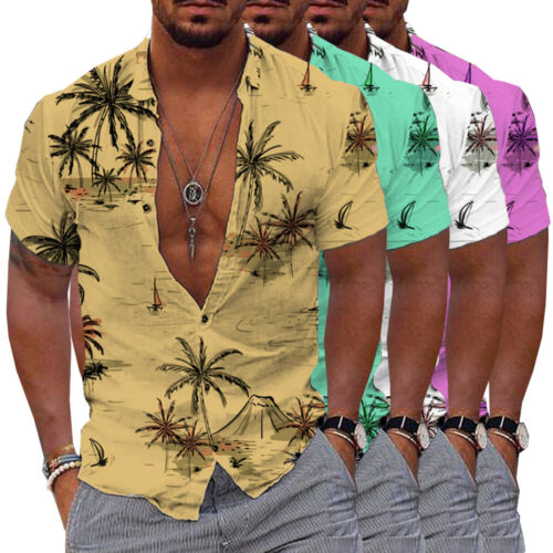 Men's Coconut Tree Blouse Casual Shirts Loose Short Sleeve Tops Beach Boho Tee ∂ - Picture 4 of 17