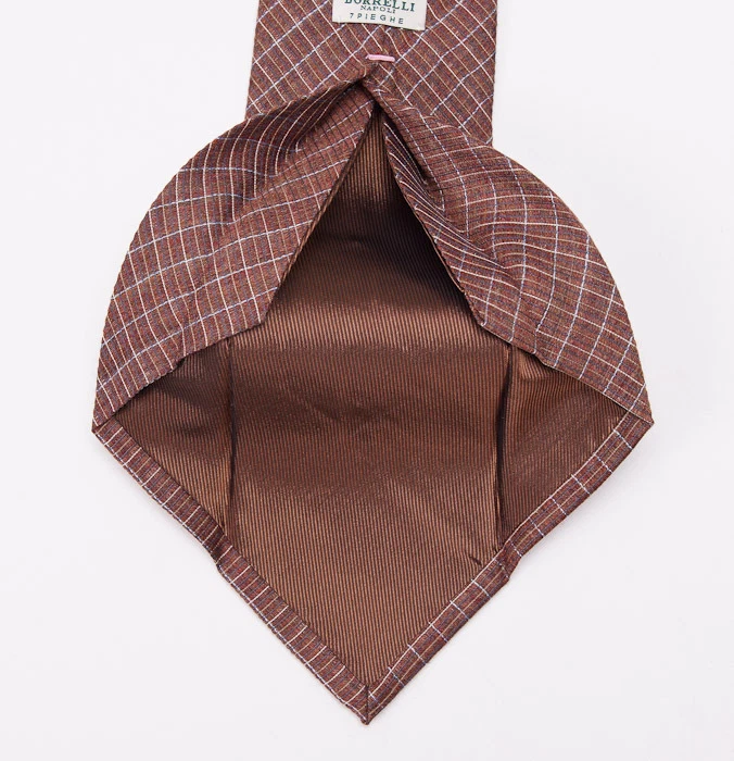 New $225 BORRELLI NAPOLI 7-Fold Silk Tie Rust Brown-Sky Blue Woven Check - Image 4 of 4